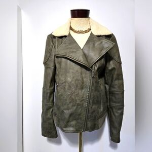 SAM EDELMAN Faux Leather Jacket with Cream Sherpa Collar. Size Large